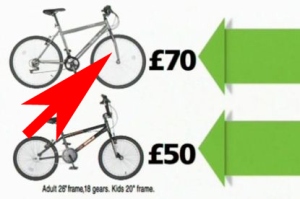 A still shot from the first Asda TV ad showing bike forks backwards